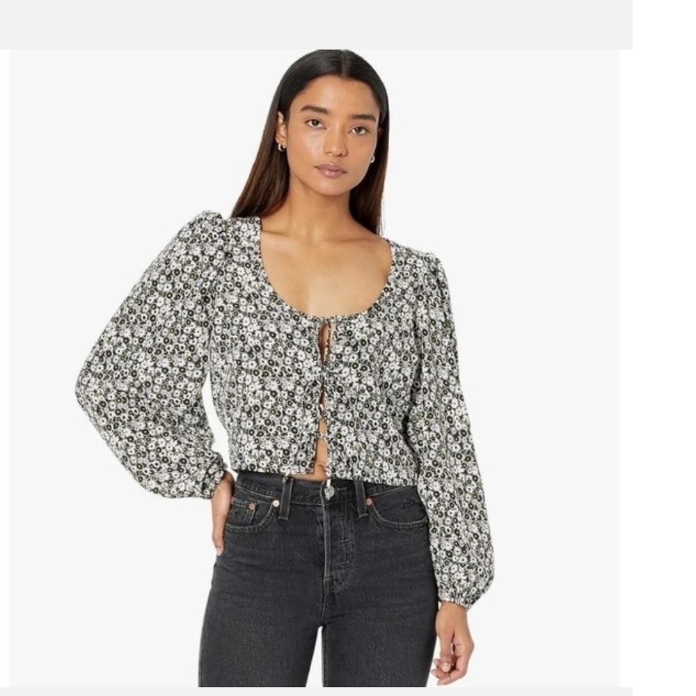 NWT Levi's Embry Tie Blouse Large Black White Floral Puff Sleeve Crop Top NWT